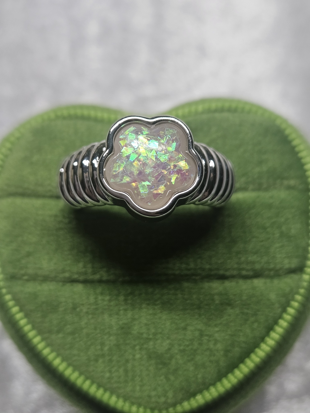 Silver Flower Opal-Like Ring Size 7